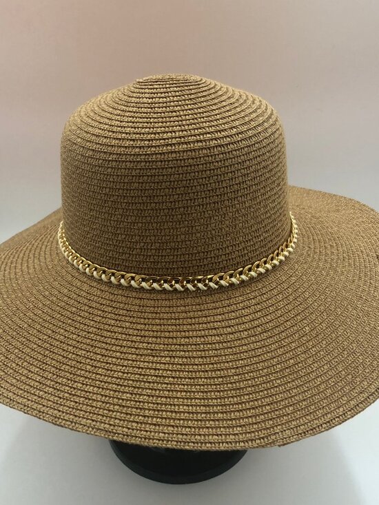 Cayman Apparel Straw Sun Hat w/ Gold Chain Band – Wide Brim Neutral Tan | Resort